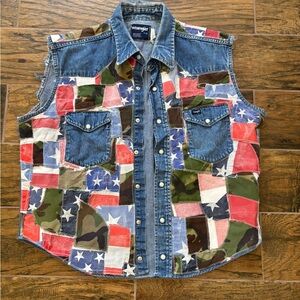 Vintage Wrangler Patchwork One Of A Kind Denim Snap Shirt Vest Americana Biker L